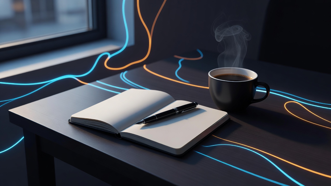 Un carnet ouvert et vierge avec un stylo posé dessus, à côté d'une tasse de café dans la lumière matinale d'une fenêtre