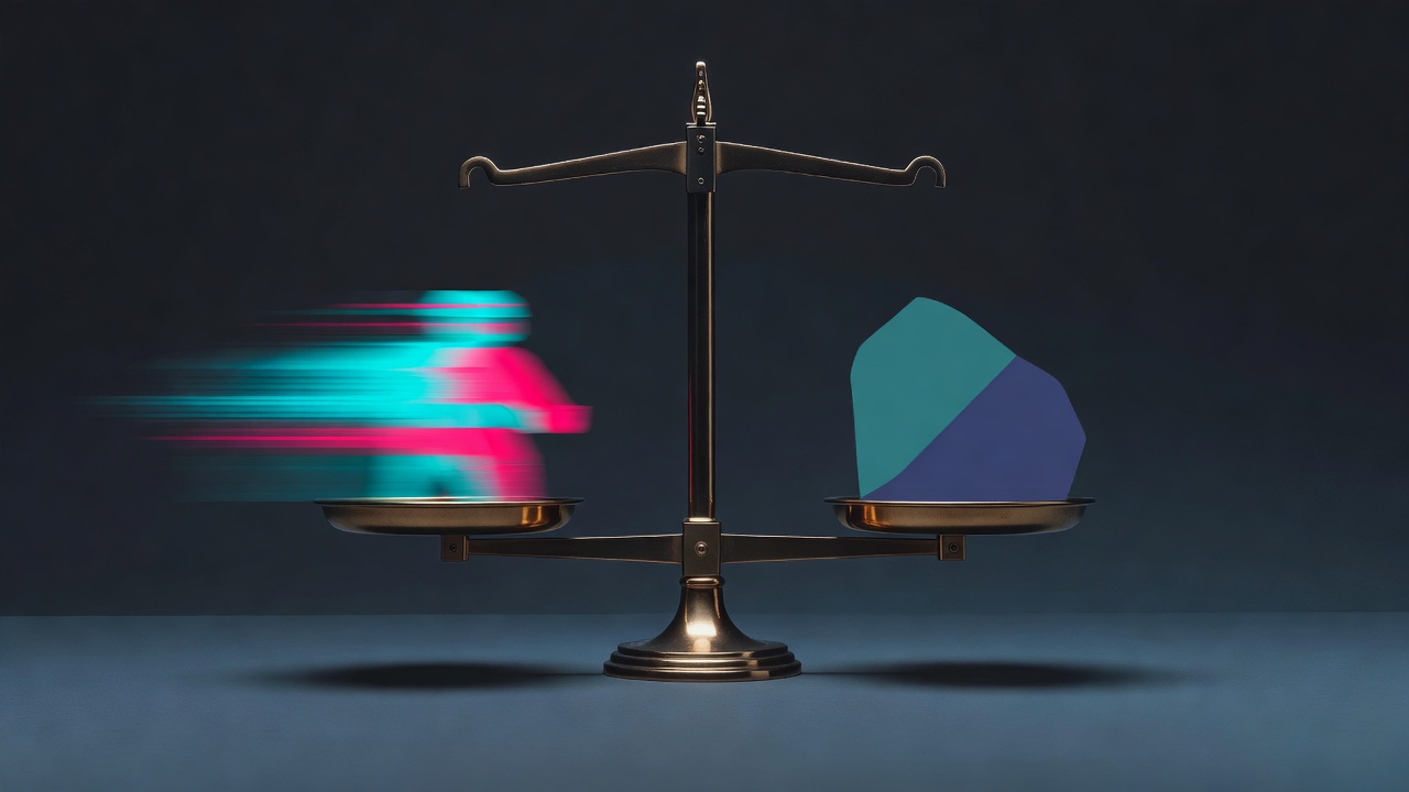 Une balance mettant en équilibre une forme rapide et floue face à une forme lente et posée, palette froide et analytique