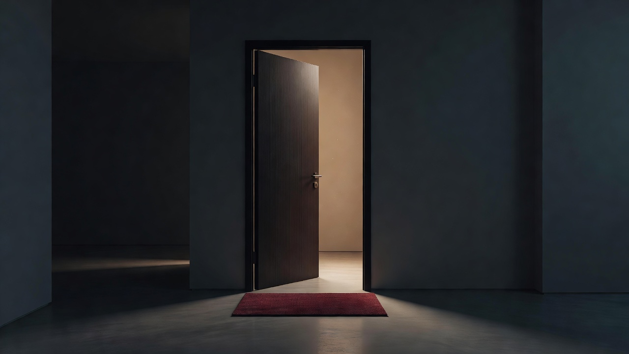 Une seule porte d'entrée ouverte avec un paillasson, vue de l'intérieur, dans une lumière chaude
