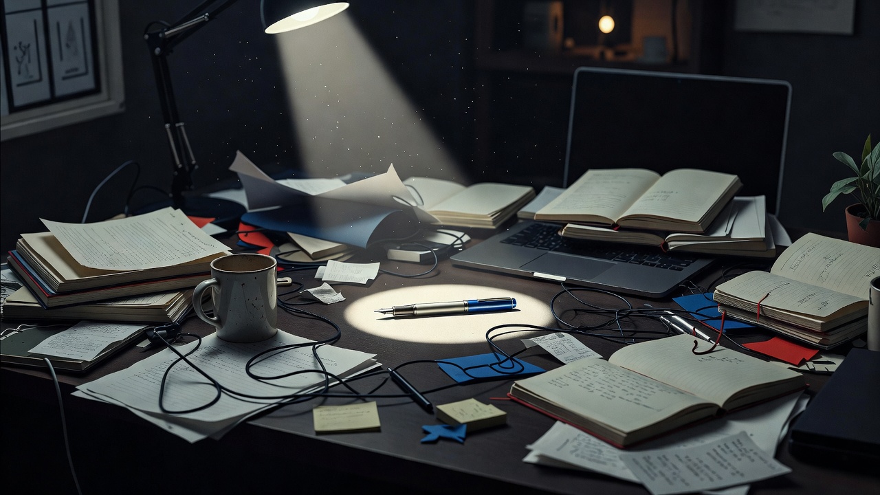 Un bureau encombré où un unique faisceau de lumière isole un objet important au milieu du désordre