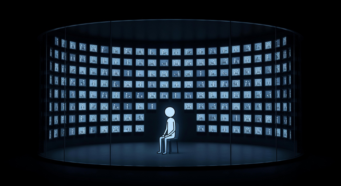 Une silhouette solitaire dans une salle de contrôle en verre entourée de centaines d'écrans lumineux montrant les vies d'autres personnes
