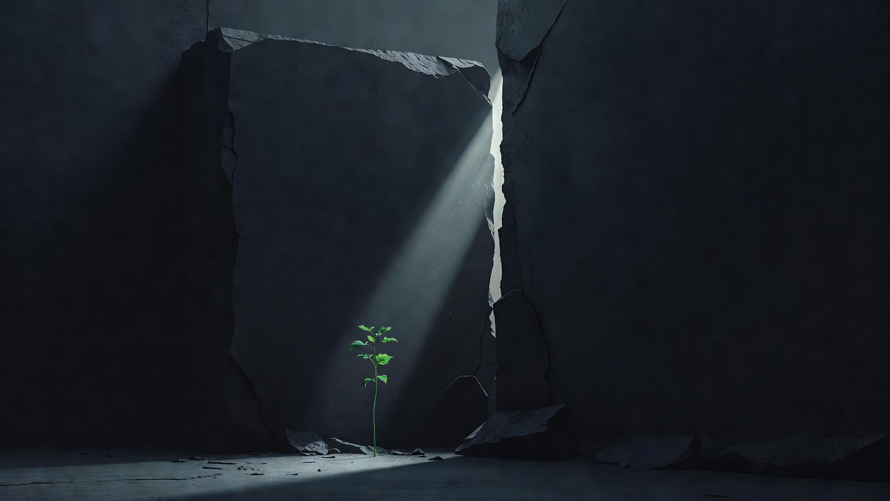 Une petite plante isolée qui pousse vers un rai de lumière filtrant par une fente dans un mur sombre