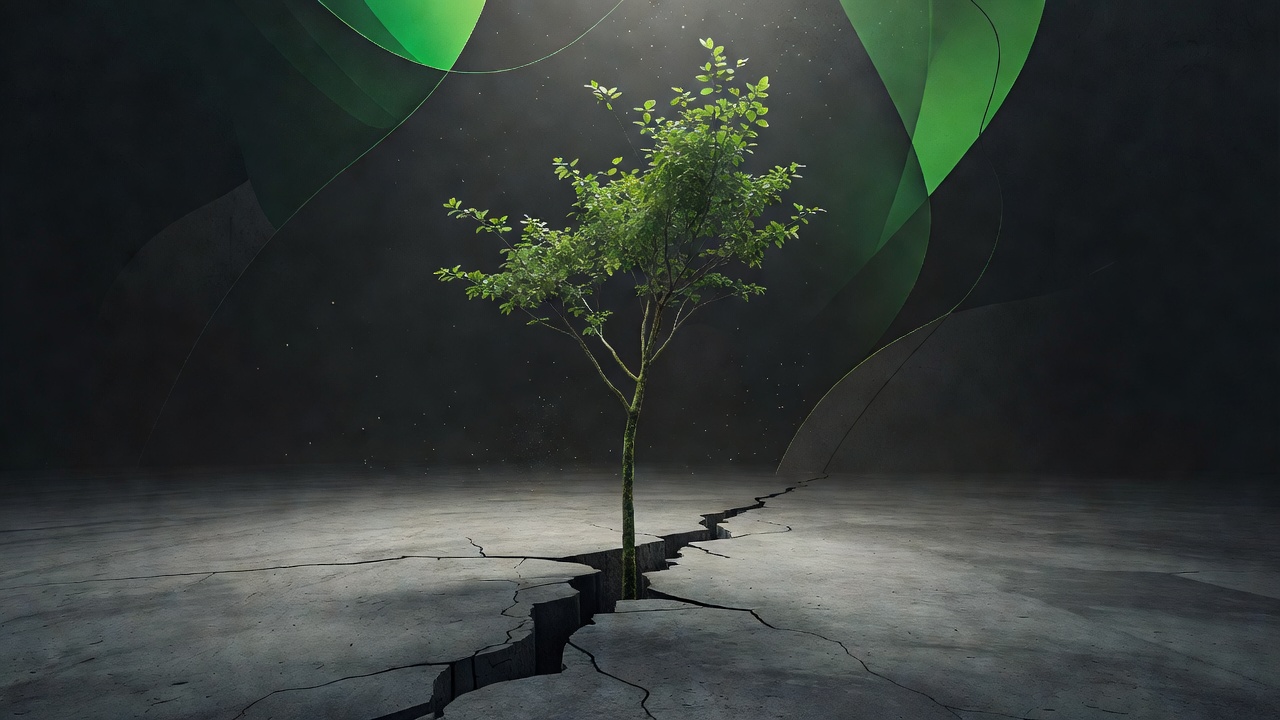 Un jeune arbre vert poussant à travers une fissure dans du béton gris et nu, vers une lumière douce