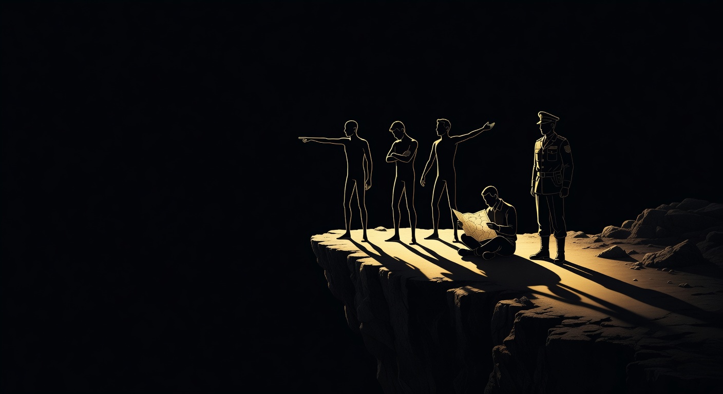 Cinq figures imposantes se tenant au bord d'une falaise spectaculaire, chacune avec une posture de leadership distincte