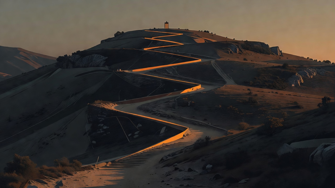 Un unique sentier escarpé serpentant en lacets jusqu'au sommet d'une colline dans la lumière chaude du soir, avec un petit repère à un point de repos élevé