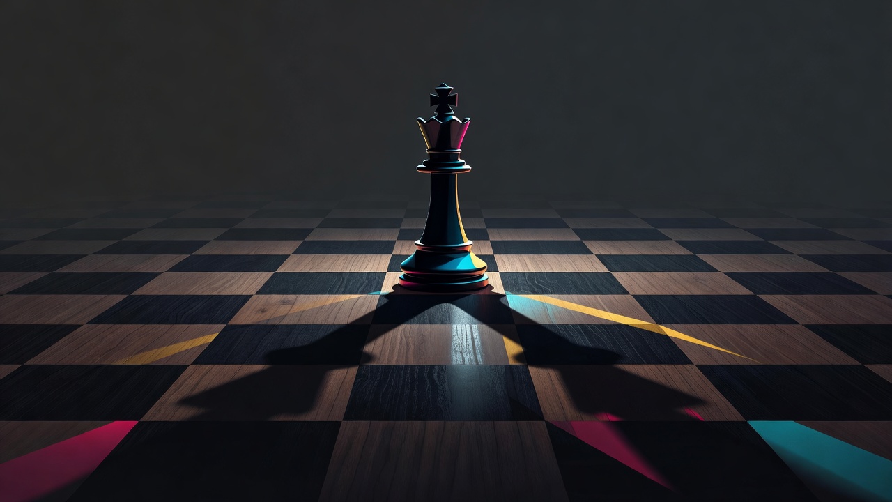 Une unique pièce de roi d'échecs posée sur un échiquier sombre aux longues ombres