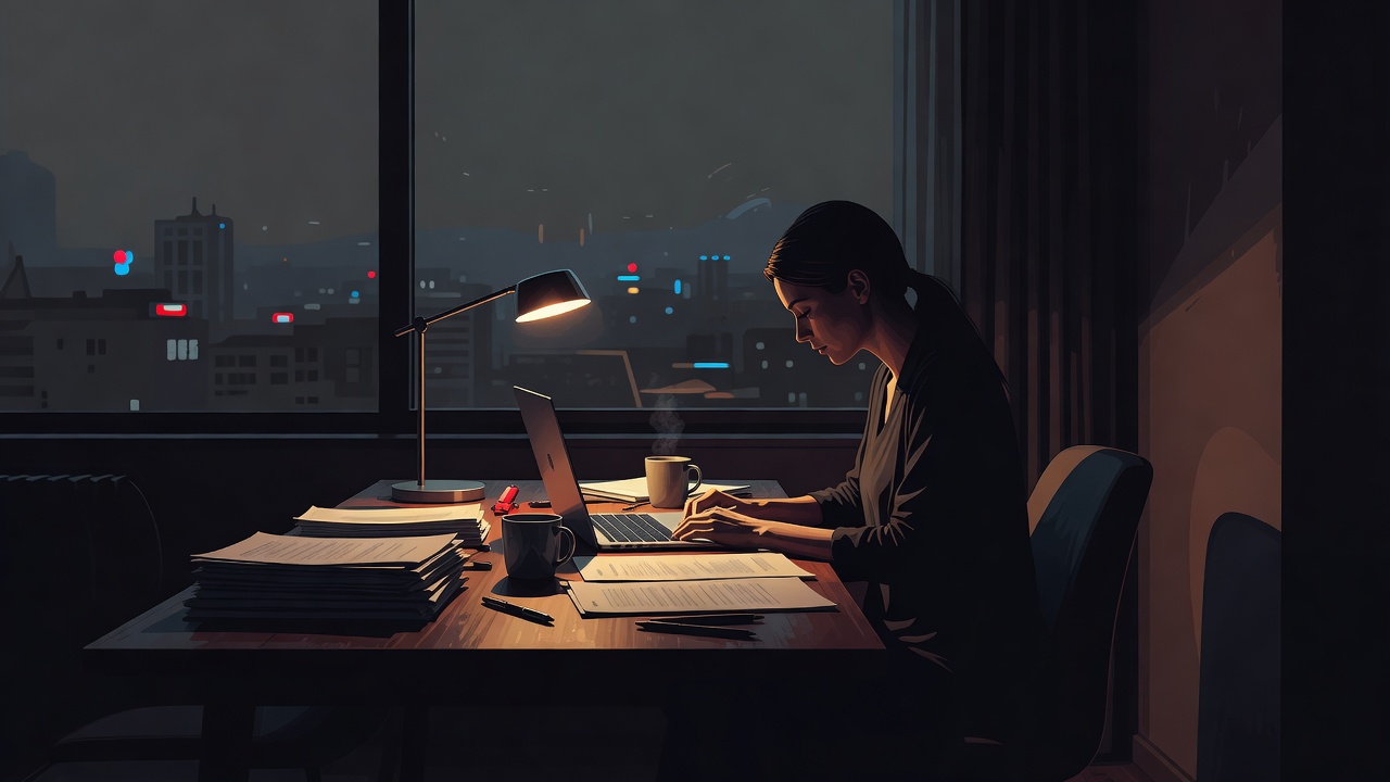 Une personne travaillant seule à un bureau tard dans la nuit, une lampe éclairant une détermination tranquille