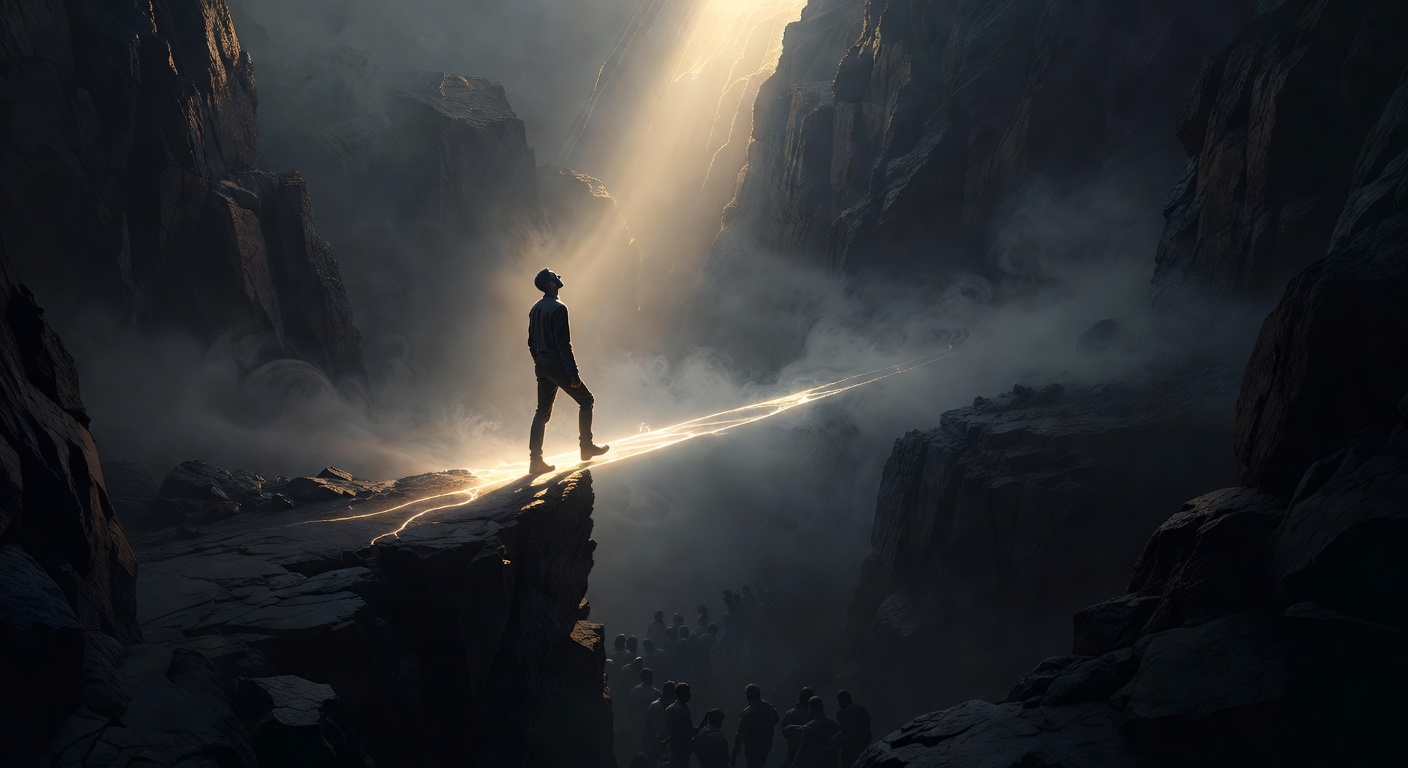 Une figure avançant avec confiance sur un pont de lumière au-dessus d'un vaste canyon