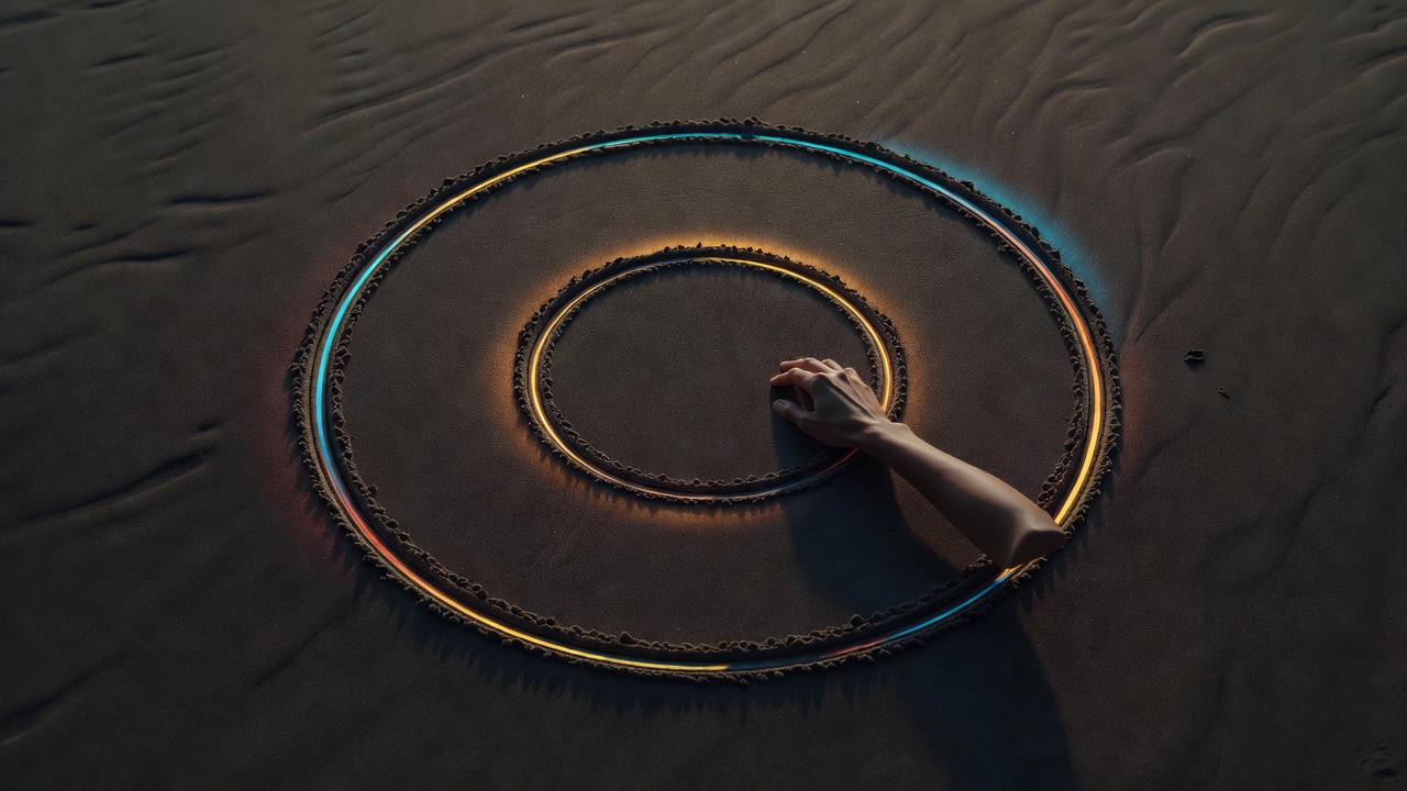 Deux cercles concentriques tracés dans le sable, une main entretenant le plus petit cercle intérieur