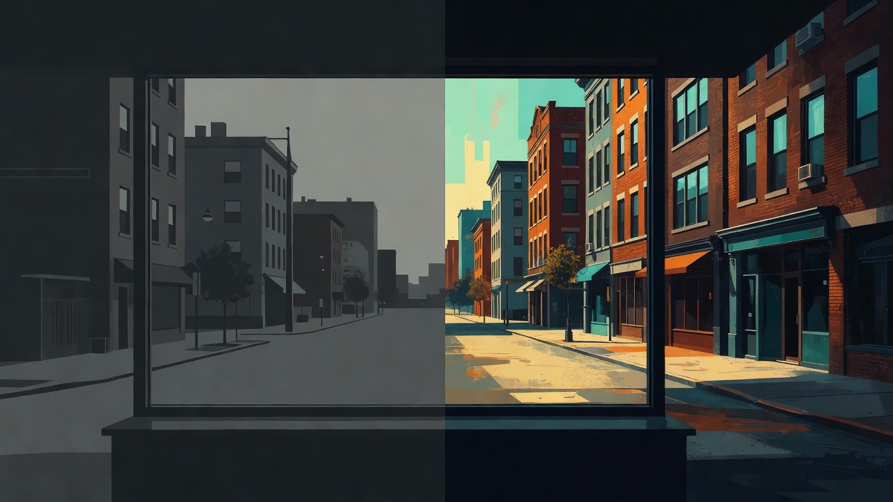 La vue par une fenêtre d'une rue familière, moitié en gris terne et moitié soudain éclatante comme vue pour la première fois