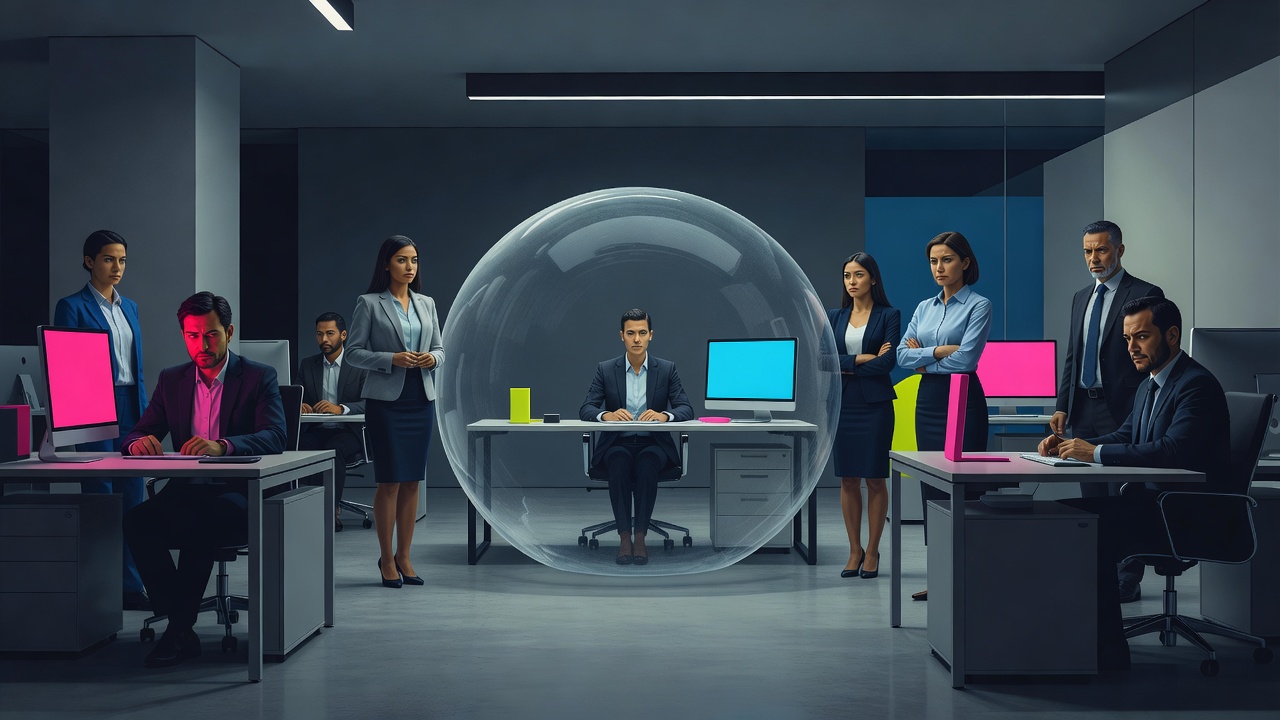 Un bureau où un employé est assis dans une subtile bulle de verre pendant que les autres observent, agacés