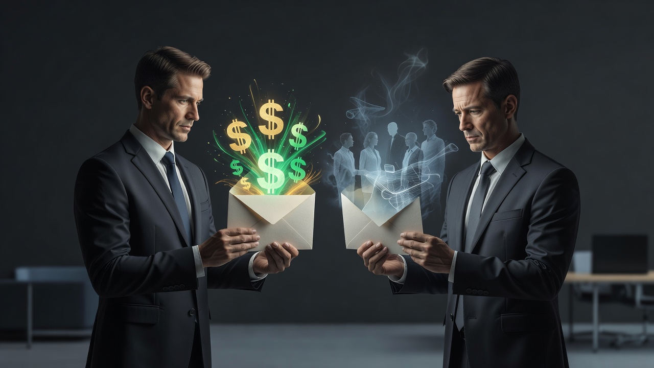 Deux fondateurs tenant une enveloppe, l'un voyant des signes dollar et l'autre une image de l'équipe qui s'efface
