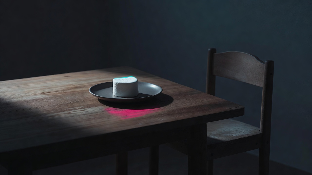 Un seul marshmallow sur une assiette posée sur une table ordinaire, dans la lumière douce d'une fenêtre, avec une chaise d'enfant vide à côté
