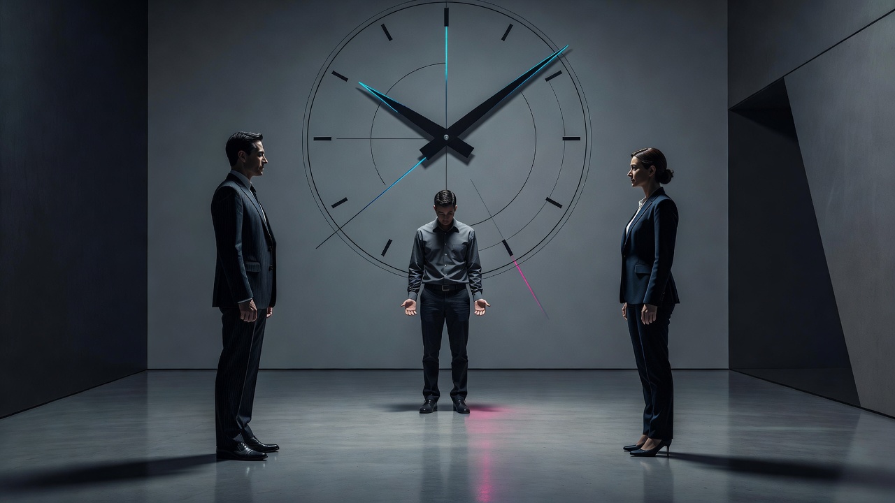 Deux fondateurs regardant un employé sous-performant tandis qu'une horloge tourne, s'évitant du regard