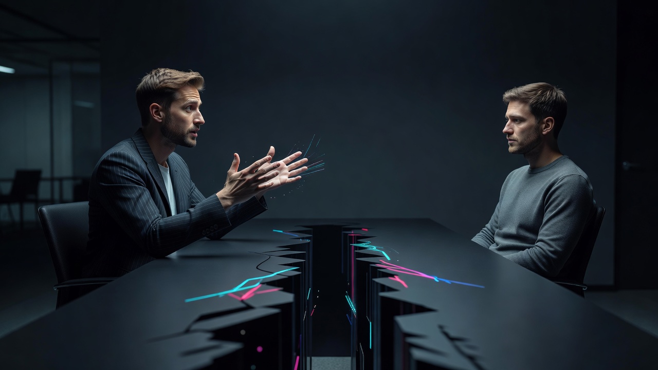 Deux fondateurs à une table, l'un exposant des idées avec les mains pendant que l'autre regarde au-delà de lui vers la sortie