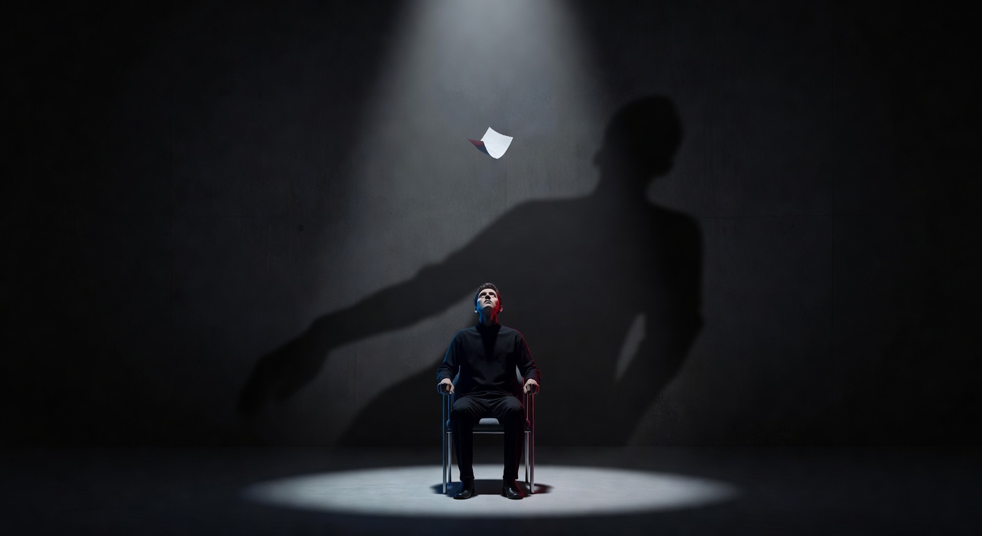 Une silhouette assise seule sous un projecteur, regardant un petit bout de papier qui projette une ombre énorme