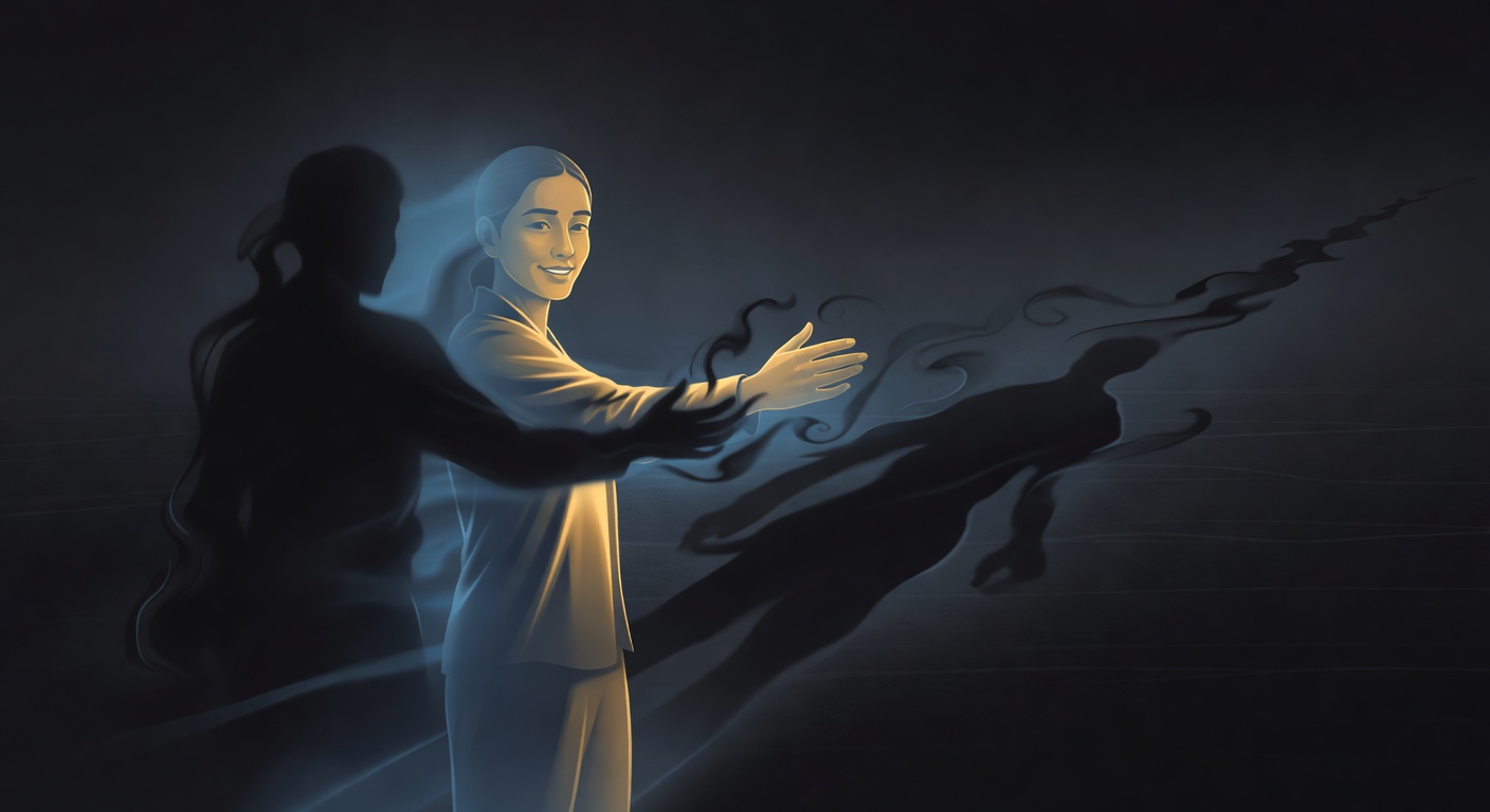 Une silhouette qui tend la main vers une ombre qui se dissout, avec une traînée d'ombres dissoutes derrière elle